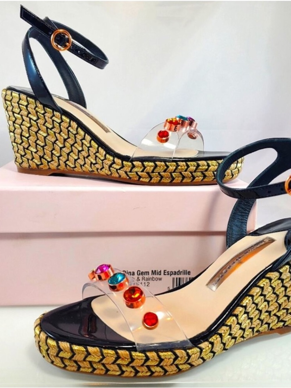 Sophia Webster Black Gem Dina Espadrille Wedge Sandals Patent Jeweled NIB 7 37.5